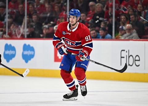 MONTREAL, CANADA – OCTOBER 14: Sean Monahan #91 of the Montreal Canadiens skates during the third period against the Chicago Blackhawks at the Bell Centre on October 14, 2023 in Montreal, Quebec, Canada. The Montreal Canadiens defeated the Chicago Blackhawks 3-2. (Photo by Minas Panagiotakis/Getty Images)