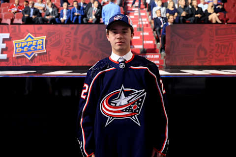 MONTREAL, QUEBEC – JULY 08: Jordan Dumais is selected by the Columbus Blue Jackets during Round Three of the 2022 Upper Deck NHL Draft at Bell Centre on July 08, 2022 in Montreal, Quebec, Canada. (Photo by Bruce Bennett/Getty Images)