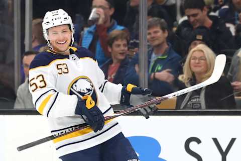 BOSTON, MA – DECEMBER 16: Jeff Skinner #53 of the Buffalo Sabres celebrates after scoring a goal in the third period of the game between the Boston Bruins and the Buffalo Sabres at TD Garden on December 16, 2018 in Boston, Massachusetts. The Sabres defeat the Bruins 4-2. (Photo by Maddie Meyer/Getty Images)