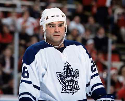 1 Apr 2002: This is a close up of right wing Tie Domi #28 of the Toronto Maple Leafs.   Mandatory Copyright Notice: 2002 NHLI Mandatory Credit: Tom Pidgeon/Getty Images/NHLI