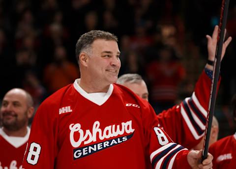 Eric Lindros former player of the Oshawa Generals looks on during a ceremony (Photo by Chris Tanouye/Getty Images)