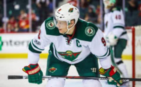 Feb 1, 2017; Calgary, Alberta, CAN; Minnesota Wild center Mikko Koivu (9) during the third period against the Calgary Flames at Scotiabank Saddledome. Calgary Flames won 5-1. Mandatory Credit: Sergei Belski-USA TODAY Sports