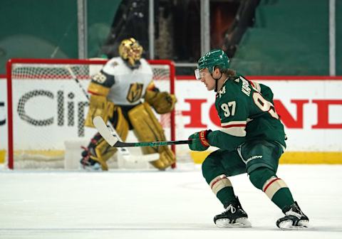 May 22, 2021; Saint Paul, Minnesota, USA; Minnesota Wild left wing Kirill Kaprizov (97) against the Vegas Golden Knights in game four of the first round of the 2021 Stanley Cup Playoffs at Xcel Energy Center. Mandatory Credit: Nick Wosika-USA TODAY Sports