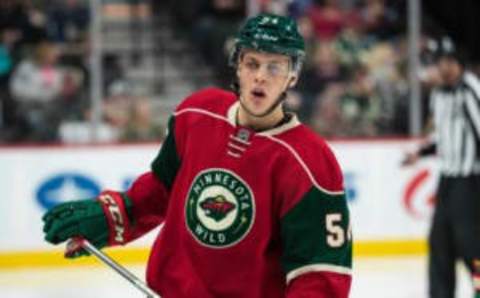 Oct 2, 2016; Saint Paul, MN, USA; Minnesota Wild forward Joel Eriksson Ek (54) looks on during the third period of a preseason hockey game against the Carolina Hurricanes at Xcel Energy Center. The Wild defeated the Hurricanes 3-1. Mandatory Credit: Brace Hemmelgarn-USA TODAY Sports