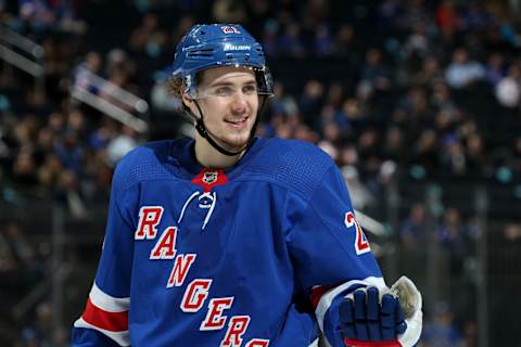 NEW YORK, NY – APRIL 03: Brett Howden #21 of the New York Rangers skates against the Ottawa Senators at Madison Square Garden on April 3, 2019 in New York City. (Photo by Jared Silber/NHLI via Getty Images)