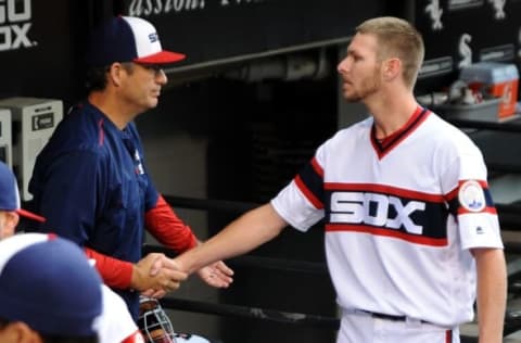 Oct 2, 2016; Chicago, IL, USA; Chicago White Sox starting pitcher Chris Sale (R) shakes hands with manager Robin Ventura (L) prior to their game against the Minnesota Twins at U.S. Cellular Field. Mandatory Credit: Patrick Gorski-USA TODAY Sports