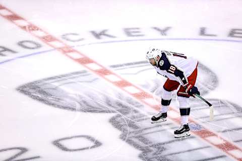 Pierre-Luc Dubois #18 of the Columbus Blue Jackets. (Photo by Elsa/Getty Images)