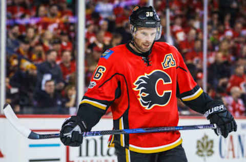 Apr 17, 2017; Calgary, Alberta, CAN; Calgary Flames right wing Troy Brouwer (36) during the second period against the Anaheim Ducks in game three of the first round of the 2017 Stanley Cup Playoffs at Scotiabank Saddledome. Mandatory Credit: Sergei Belski-USA TODAY Sports