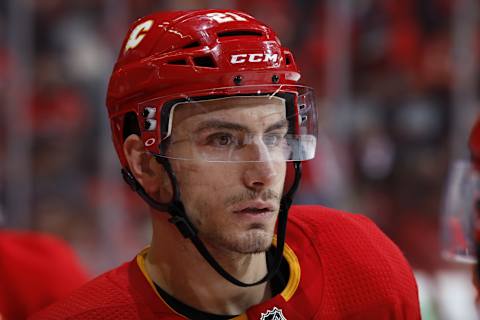 CALGARY, AB – APRIL 19: Garnet Hathway #21 of the Calgary Flames skates against the Colorado Avalanche in Game Five of the Western Conference First Round during the 2019 NHL Stanley Cup Playoffs on April 19, 2019 at the Scotiabank Saddledome in Calgary, Alberta, Canada. (Photo by Gerry Thomas/NHLI via Getty Images)”n