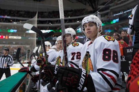 Feb 6, 2016; Dallas, TX, USA; Chicago Blackhawks right wing Patrick Kane (88) watches his team take on the Dallas Stars at the American Airlines Center. The Blackhawks defeat the Stars 5-1. Mandatory Credit: Jerome Miron-USA TODAY Sports