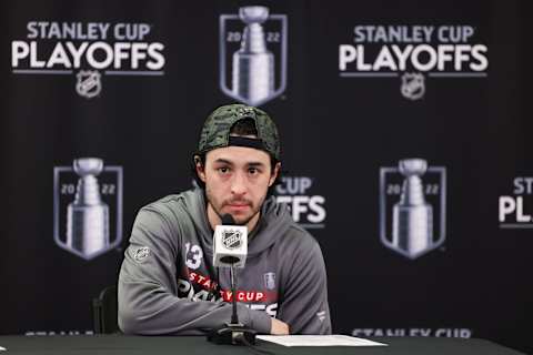 May 15, 2022; Calgary, Alberta, CAN; Calgary Flames left wing Johnny Gaudreau (13) during interview after the game against the Dallas Stars in game seven of the first round of the 2022 Stanley Cup Playoffs at Scotiabank Saddledome. Mandatory Credit: Sergei Belski-USA TODAY Sports