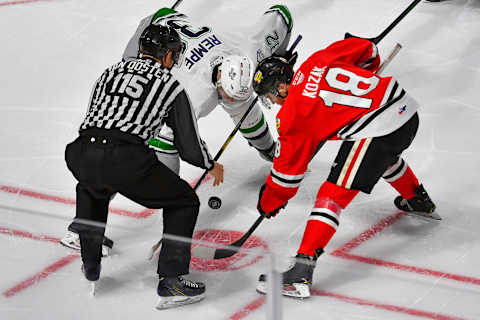 KENT, WASHINGTON – DECEMBER 28: Matthew Rempe #32 of the Seattle Thunderbirds, left, and Tyson Kozak #18 of the Portland Winterhawks face-off during the third period of the match at the accesso ShoWare Center on December 28, 2019 in Kent, Washington. The Portland Winterhawks top the Seattle Thunderbirds 4-1. (Photo by Alika Jenner/Getty Images)