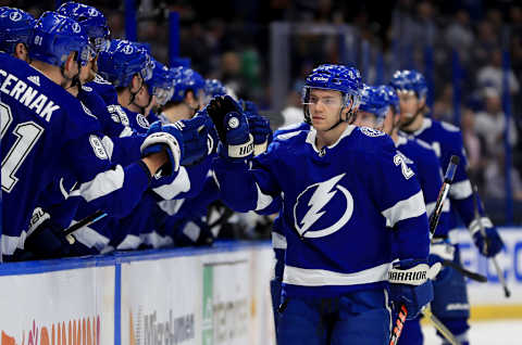 TAMPA, FLORIDA – FEBRUARY 25: Brayden Point #21 of the Tampa Bay Lightning celebrates a goal during a game against the Los Angeles Kings at Amalie Arena on February 25, 2019 in Tampa, Florida. (Photo by Mike Ehrmann/Getty Images)