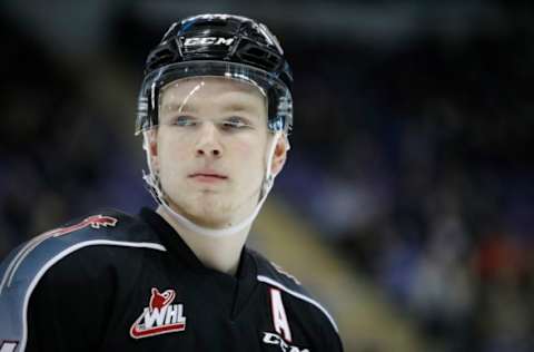 VICTORIA , BC – FEBRUARY 24: Bowen Byram #44 of the Vancouver Giants looks on during a Western Hockey League game against the Victoria Royals at the Save-on-Foods Memorial Centre on February 24, 2019 in Victoria, British Columbia, Canada. (Photo by Kevin Light/Getty Images)