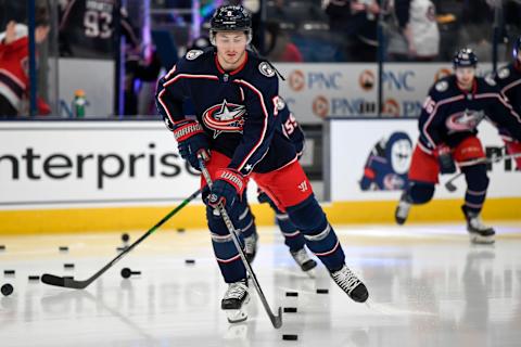 Mar 7, 2022; Columbus, Ohio, USA; Columbus Blue Jackets defenseman Zach Werenski (8) warms up before playing the Toronto Maple Leafs at Nationwide Arena. Mandatory Credit: Gaelen Morse-USA TODAY Sports