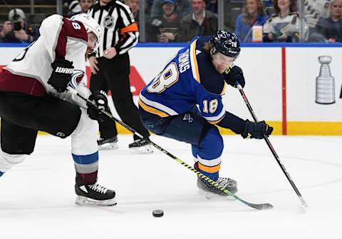 ST. LOUIS, MO – APRIL 01: Colorado Avalanche defenseman Ian Cole (28) and St. Louis Blues center Robert Thomas (18) compete for the puck during a NHL game between the Colorado Avalanche and the St. Louis Blues on April 01, 2019, at Enterprise Center, St. Louis, MO. (Photo by Keith Gillett/Icon Sportswire via Getty Images)