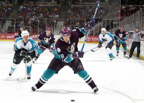 SAN DIEGO – DECEMBER 21: Niclas Havelid #28 of the Anaheim Mighty Ducks takes a slap shot against the San Jose Sharks during the 2nd period of their NHL game on December 21, 2003, at the Arrowhead Pond in Anaheim, California. (Photo by Donald Miralle/Getty Images