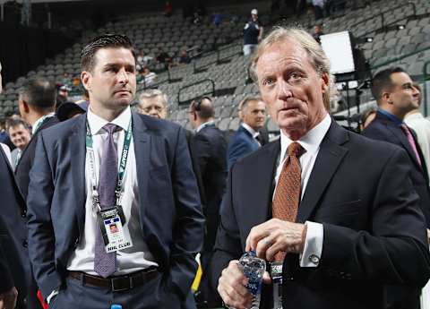 DALLAS, TX – JUNE 22: (l-r) Chris Drury and Mike Barnett of the New York Rangers attend the first round of the 2018 NHL Draft at American Airlines Center on June 22, 2018 in Dallas, Texas. (Photo by Bruce Bennett/Getty Images)