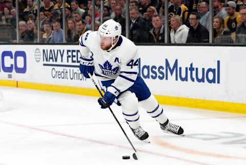 BOSTON, MA – APRIL 23: Toronto Maple Leafs defenseman Morgan Rielly (44) starts up ice during Game 7 of the 2019 First Round Stanley Cup Playoffs between the Boston Bruins and the Toronto Maple Leafs on April 23, 2019, at TD Garden in Boston, Massachusetts. (Photo by Fred Kfoury III/Icon Sportswire via Getty Images)