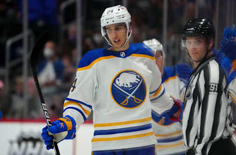 Jan 30, 2022; Denver, Colorado, USA; Buffalo Sabres center Dylan Cozens (24) celebrates a goal in the second period against the Colorado Avalanche at Ball Arena. Mandatory Credit: Ron Chenoy-USA TODAY Sports