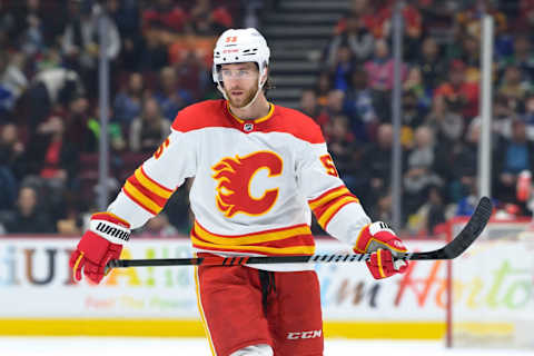 Noah Hanifin #55 of the Calgary Flames  (Photo by Derek Cain/Getty Images)