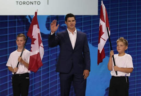 Sep 9, 2015; Toronto, Ontario, Canada; Sidney Crosby is introduced during a press conference and media event for the 2016 World Cup of Hockey at Air Canada Centre. Mandatory Credit: Tom Szczerbowski-USA TODAY Sports