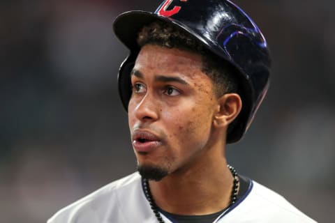 CLEVELAND, OH – APRIL 30: Cleveland Indians shortstop Francisco Lindor (12) watches video highlights on the scoreboard of the Indians rally during a pitching change during the eighth inning of the Major League Baseball game between the Texas Rangers and Cleveland Indians on April 30, 2018, at Progressive Field in Cleveland, OH. Cleveland defeated Texas 7-5. (Photo by Frank Jansky/Icon Sportswire via Getty Images)