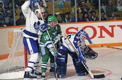 Pat Verbeek (16) battles the Toronto Maple Leafs. (Photo by Graig Abel/Getty Images)