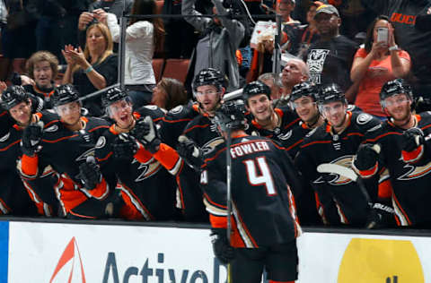 ANAHEIM, CA – OCTOBER 7: Cam Fowler #4 of the Anaheim Ducks celebrates his short-handed goal with his teammates in the third period of the game against the Philadelphia Flyers. (Photo by Debora Robinson/NHLI via Getty Images)