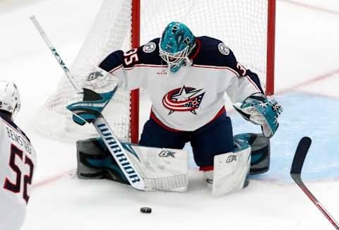 Sep 24, 2023; Pittsburgh, Pennsylvania, USA; Columbus Blue Jackets goaltender Aaron Dell (35) makes a save against the Pittsburgh Penguins during the second period at PPG Paints Arena. Mandatory Credit: Charles LeClaire-USA TODAY Sports