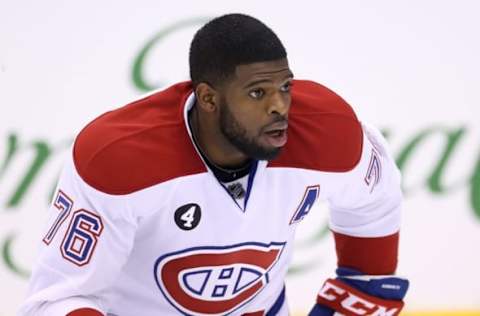 Apr 11, 2015; Toronto, Ontario, CAN; Montreal Canadiens defenseman P.K. Subban (76) warms up before playing against the Toronto Maple Leafs at Air Canada Centre. Mandatory Credit: Tom Szczerbowski-USA TODAY Sports