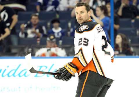 Feb 8, 2015; Tampa, FL, USA; Anaheim Ducks defenseman Francois Beauchemin (23) works out prior to the game against the Tampa Bay Lightning at Amalie Arena. Mandatory Credit: Kim Klement-USA TODAY Sports