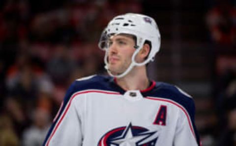 PHILADELPHIA, PA – FEBRUARY 22: Columbus Blue Jackets Left Wing Boone Jenner (38) looks on before a faceoff in the second period during game between the Columbus Blue Jackets and Philadelphia Flyers on February 22, 2018 at Wells Fargo Center in Philadelphia, PA. (Photo by Kyle Ross/Icon Sportswire via Getty Images)