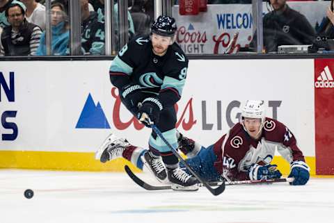 Apr 24, 2023; Seattle, Washington, USA; Seattle Kraken forward Ryan Donato (9)  Mandatory Credit: Stephen Brashear-USA TODAY Sports