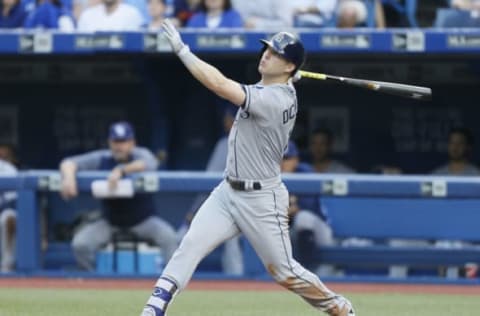 Jun 13, 2017; Toronto, Ontario, CAN; Tampa Bay Rays designated hitter Corey Dickerson (10) singles in the third inning against the Toronto Blue Jays at Rogers Centre. Mandatory Credit: John E. Sokolowski-USA TODAY Sports