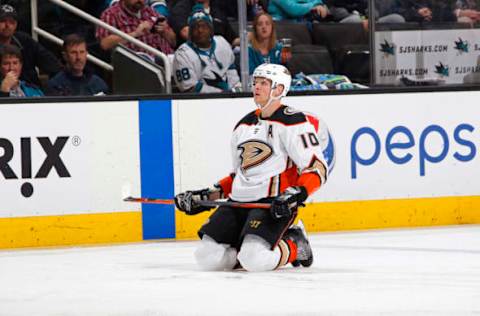 SAN JOSE, CA – APRIL 18: Corey Perry #10 of the Anaheim Ducks kneels on the ice during the game against the San Jose Sharks in Game Four of the Western Conference First Round during the 2018 NHL Stanley Cup Playoffs at SAP Center on April 18, 2018, in San Jose, California. (Photo by Rocky W. Widner/NHL/Getty Images) *** Local Caption *** Corey Perry