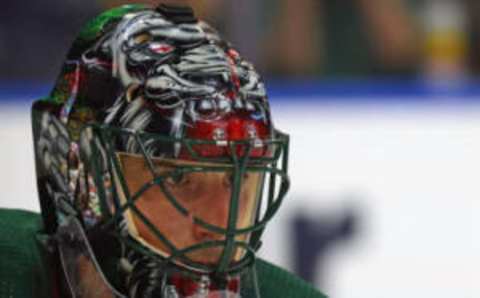 Jan 7, 2023; Buffalo, New York, USA; Minnesota Wild goaltender Marc-Andre Fleury (29) looks for the puck during the second period against the Buffalo Sabres at KeyBank Center. Mandatory Credit: Timothy T. Ludwig-USA TODAY Sports