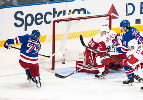 NEW YORK, NY – NOVEMBER 06: New York Rangers Defenceman Tony DeAngelo (77) scores a goal during the second period of the National Hockey League game between the Detroit Red Wings and the New York Rangers on November 6, 2019 at Madison Square Garden in New York, NY. (Photo by Joshua Sarner/Icon Sportswire via Getty Images)