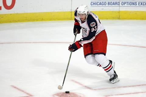 CHICAGO – DECEMBER 14: Jakub Voracek #93 of the Columbus Blue Jackets handles the puck during the game against the Chicago Blackhawks on December 14, 2008 at the United Center in Chicago, Illinois. (Photo byJonathan Daniel/Getty Images)