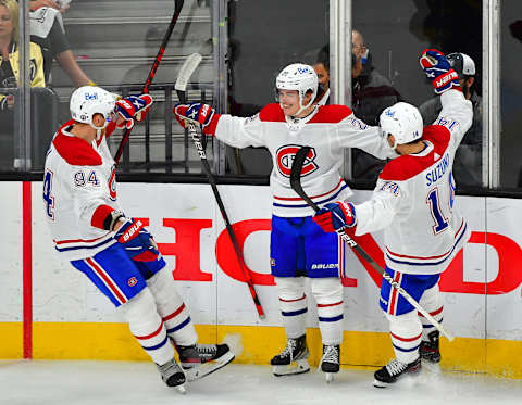 Jun 22, 2021; Las Vegas, Nevada, USA; Montreal Canadiens Cole Caufield and Nick Suzuki. Mandatory Credit: Stephen R. Sylvanie-USA TODAY Sports