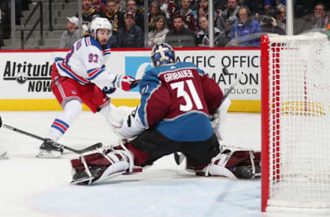 DENVER, CO – JANUARY 4: Goaltender Philipp Grubauer #31 of the Colorado Avalanche makes a save against Mika Zibanejad #93 of the New York Rangers at the Pepsi Center on January 4, 2019 in Denver, Colorado. (Photo by Michael Martin/NHLI via Getty Images)