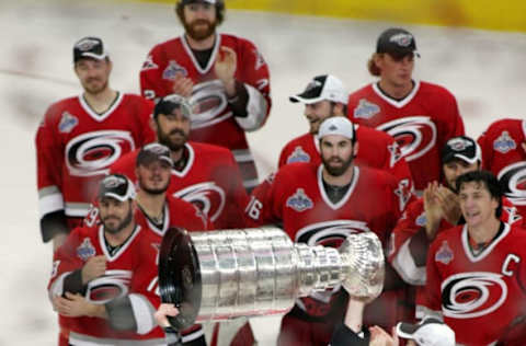 Carolina’s Kevyn Adams lifts the Stanley Cup. The Carolina Hurricanes defeated the Edmonton Oilers 3-1 at the RBC Center in Raleigh, North Carolina in game seven of the Stanley Cup Final to win the Stanley Cup. (Photo by Scott Bales/Icon SMI/Icon Sport Media via Getty Images)