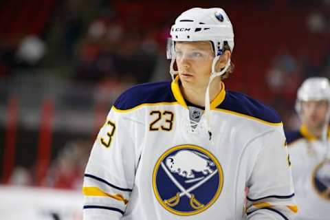 Oct 14, 2014; Raleigh, NC, USA; Buffalo Sabres forward Sam Reinhart (23) before the game against the Carolina Hurricanes at PNC Arena. The Buffalo Sabres defeated the Carolina Hurricanes 4-3 in a shootout. Mandatory Credit: James Guillory-USA TODAY Sports