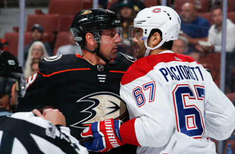 ANAHEIM, CA: Francois Beauchemin #23 of the Anaheim Ducks and Max Pacioretty #67 of the Montreal Canadiens exchange words during the second period on October 20, 2017. (Photo by Debora Robinson/NHLI via Getty Images)