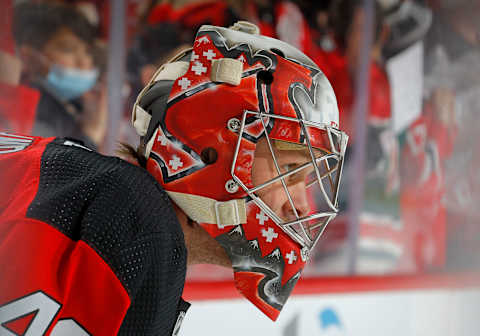 New Jersey Devils, Akira Schmid #40. (Photo by Jim McIsaac/Getty Images)