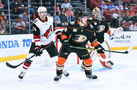 ANAHEIM, CA – SEPTEMBER 24: Arizona Coyotes right wing Hudson Fasching (24) and Anaheim Ducks center Isac Lundestrom (48) in front of the Anaheim Ducks goalie John Gibson (36) during an NHL preseason game between the Arizona Coyotes and the Anaheim Ducks played on September 24, 2018, at the Honda Center in Anaheim, CA. (Brian Rothmuller/Icon Sportswire via Getty Images)