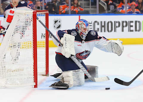 EDMONTON, CANADA – JANUARY 25: Joonas Korpisalo #70 of the Columbus Blue Jackets makes a big save late in the third period against the Edmonton Oilers on January 25, 2023 at Rogers Place in Edmonton, Alberta, Canada. (Photo by Lawrence Scott/Getty Images)