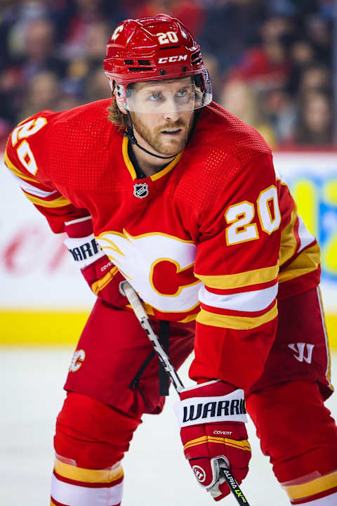 Dec 11, 2021; Calgary, Alberta, CAN; Calgary Flames center Blake Coleman (20) against the Boston Bruins during the first period at Scotiabank Saddledome. Mandatory Credit: Sergei Belski-USA TODAY Sports