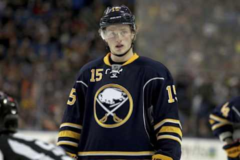 Oct 30, 2015; Buffalo, NY, USA; Buffalo Sabres center Jack Eichel (15) waits for a face-off during the second period against the Philadelphia Flyers at First Niagara Center. Mandatory Credit: Timothy T. Ludwig-USA TODAY Sports