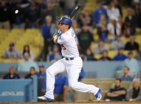 June 8, 2016; Los Angeles, CA, USA; Los Angeles Dodgers shortstop Corey Seager (5) at bat in the ninth inning against Colorado Rockies at Dodger Stadium. Mandatory Credit: Gary A. Vasquez-USA TODAY Sports